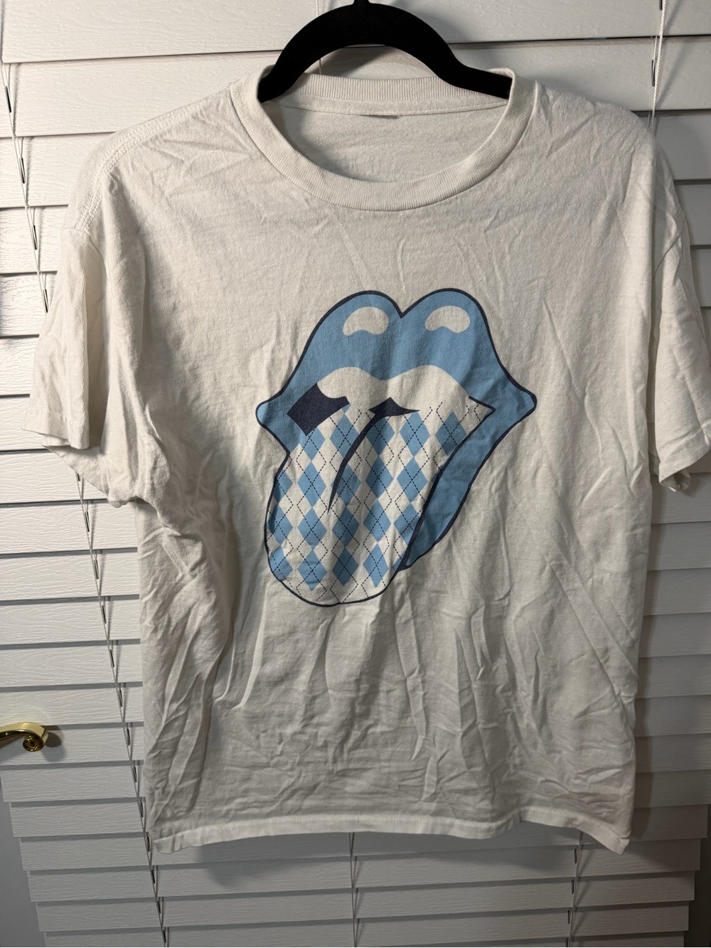 White Graphic Tee with Blue Argyle Tongue